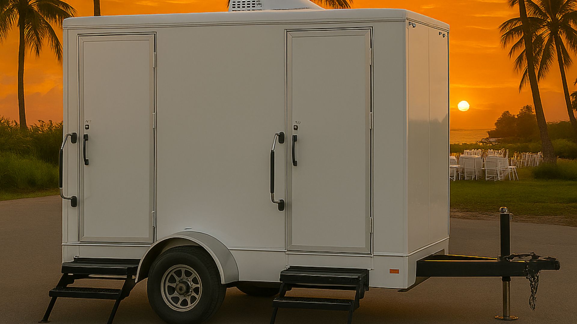 luxury restroom trailer at a wedding in Venice, florida